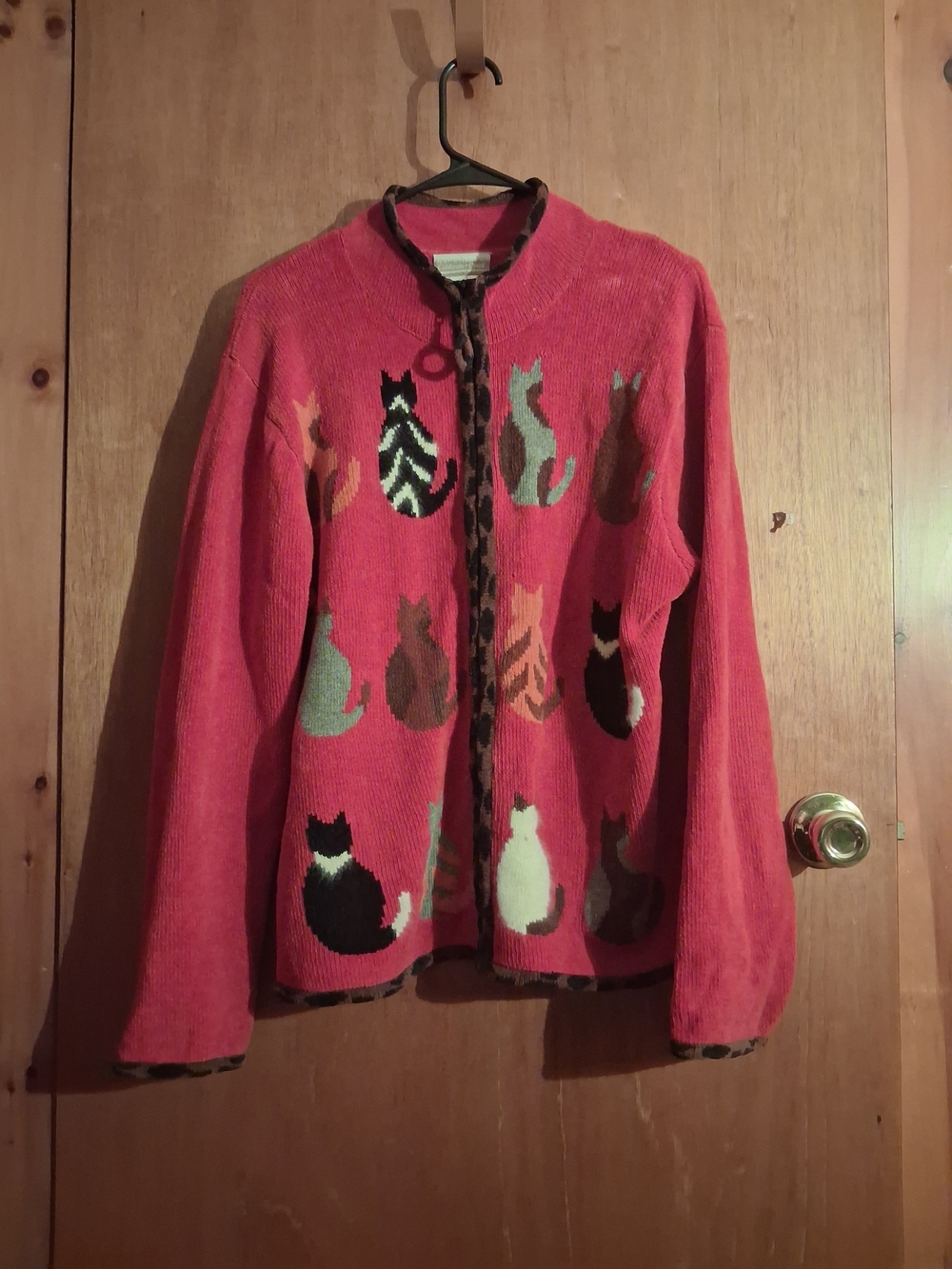 Coldwater Creek Red Cardigan with Multicolor Cat Motifs